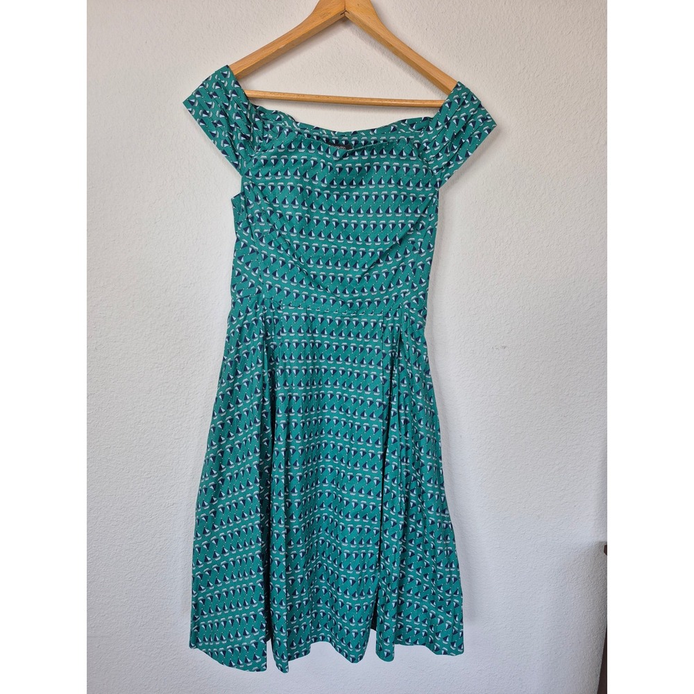Emily and Fin Sailboat Print Cotton Dress Portrait Neck Size Medium Retro Pin Up
